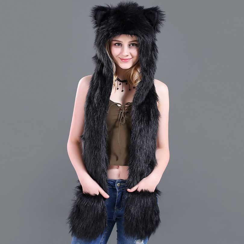 Faux Fur Straw Cartoon Animal Hat Scarf Gloves One - Bellarte Enchanté Faux Fur Straw Cartoon Animal Hat Scarf Gloves One